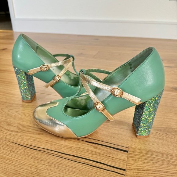 ModCloth “Strut in the World” Seafoam Glittery Heels - Picture 2 of 11